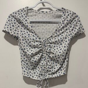 SHEIN Floral Ruched Crop Top - White and Blue